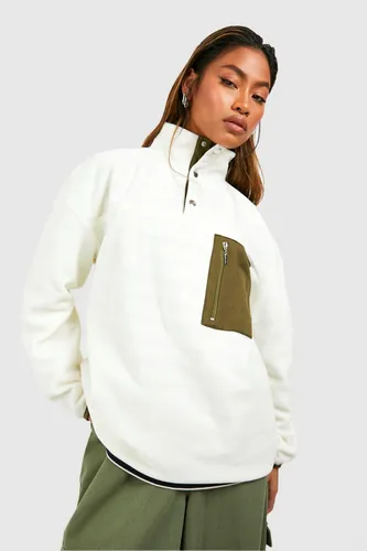 Womens Polar Fleece Pocket Detail Half Zip Oversized Sweatshirt - White - S, White