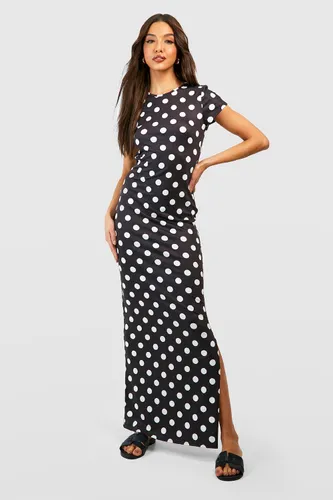 Womens Polka Dot Cap Sleeve Maxi Dress - Black - 8, Black