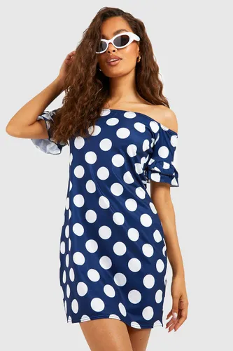 Womens Polka Dot Off The Shoulder Shift Dress - Blue - 6, Blue