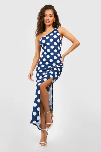 Womens Polka Dot One Shoulder Maxi Dress - Blue - 6, Blue