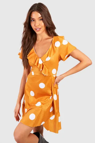 Womens Polka Dot Ruffle Wrap Dress - Yellow - 8, Yellow