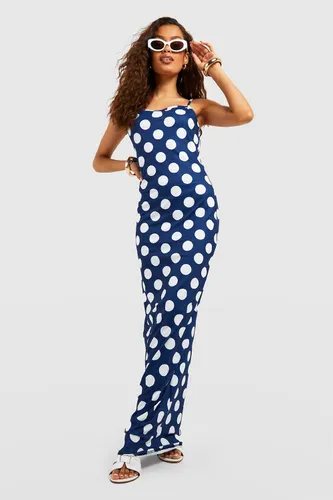 Womens Polka Dot Strappy Maxi Dress - Blue - 6, Blue