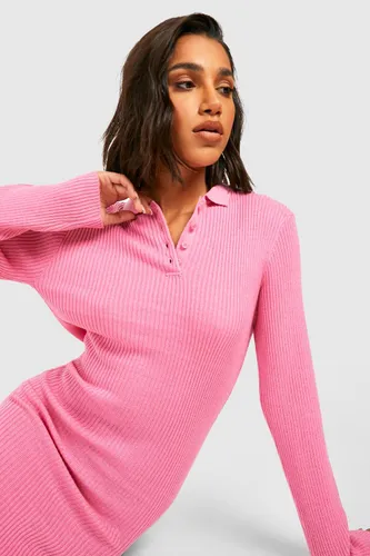 Womens Polo Collar Rib Knit Midi Dress - Pink - S, Pink