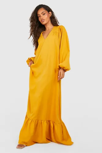 Womens Poplin Blouson Sleeve Drop Hem Maxi Dress - Yellow - 8, Yellow
