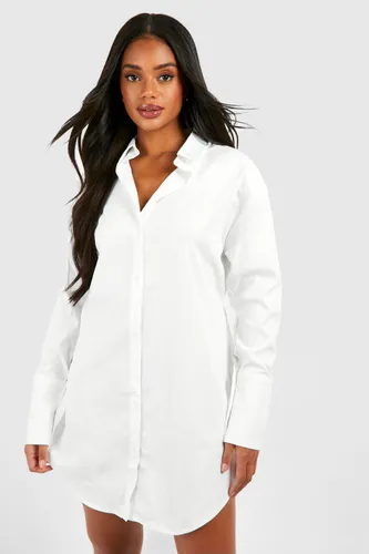 Womens Poplin Cinched Waist Shoulder Pad Shirt Dress - White - 8, White