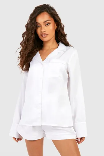 Womens Premium Bride Satin Pyjama Short Set & Embroidered Hair Bow - White - 14, White