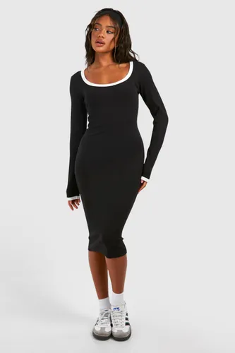 Womens Premium Contrast Binding Long Sleeve Midi Dress - Black - 16, Black