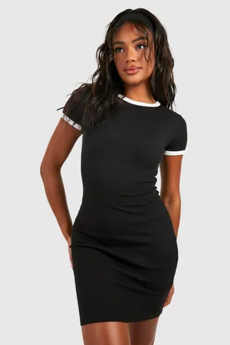 Womens Premium Contrast Binding Short Sleeve Mini Dress - Black - 16, Black