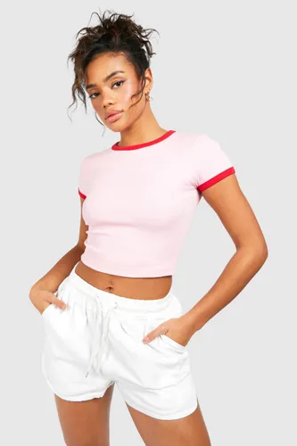 Womens Premium Contrast Rib Cap Sleeve Top - Pink - 6, Pink