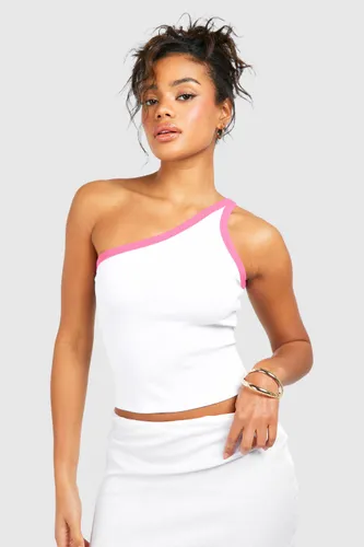 Womens Premium Contrast Rib One Shoulder Vest - White - 6, White