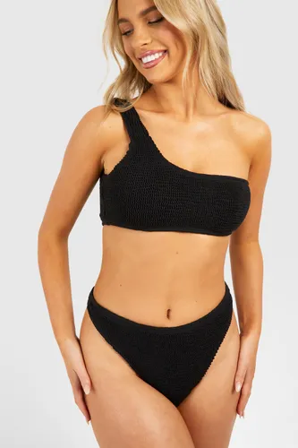 Womens Premium Crinkle One Shoulder Thong Bikini Set - Black - 6, Black
