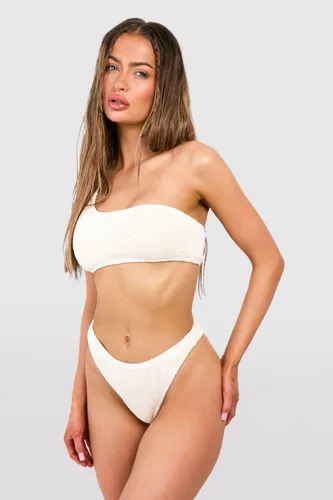 Womens Premium Crinkle One Shoulder Thong Bikini Set - White - 6, White