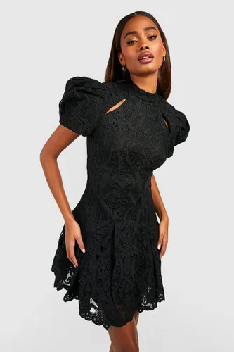 Womens Premium Crochet Lace Puff Sleeve Mini Dress - Black - 10, Black