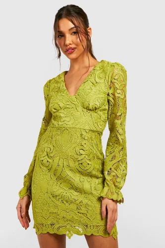 Womens Premium Lace Blouson Sleeve Mini Dress - Green - 12, Green