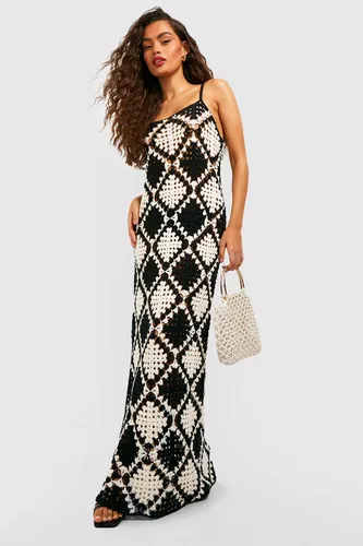 Womens Premium Mono Patchwork Crochet Maxi Dress - Black - L, Black