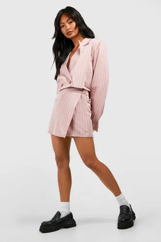 Womens Premium Pinstripe Wrap Front Tailored Mini Skirt - Pink - 8, Pink