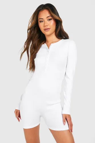 Womens Premium Rib Button Front Playsuit - White - 6, White