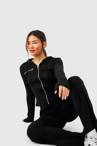 Womens Premium Rib Zip Through Hoodie And Yoga Pant Set - Black - L, Black