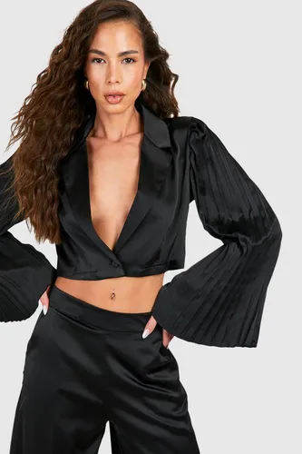 Womens Premium Satin Pleated Flared Sleeve Blazer - Black - 6, Black