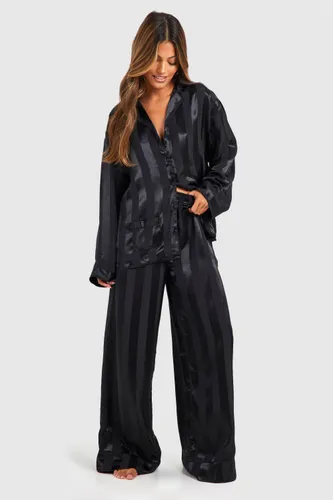 Womens Premium Satin Stripe Double Pocket Pyjama Set - Black - 12, Black