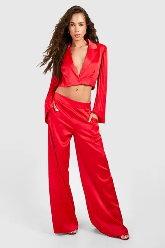 Womens Premium Satin Super Wide Leg Trousers - Red - 16, Red