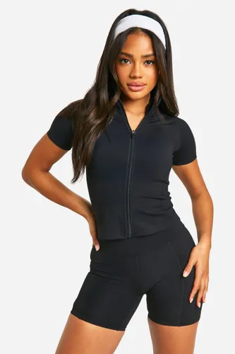 Womens Premium Sculpt Zip Through Short Sleeve Top - Black - S, Black