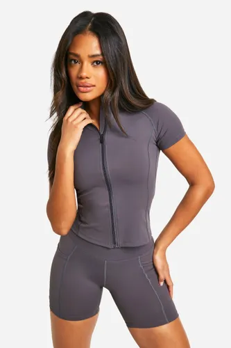 Womens Premium Sculpt Zip Through Short Sleeve Top - Grey - S, Grey