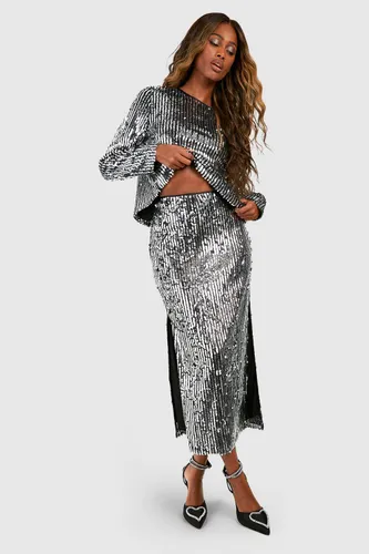 Womens Premium Sequin Stripe Split Side Midaxi Skirt - Black - 10, Black