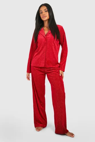 Womens Premium Stripe Velvet Pyjama Set - Red - 10, Red