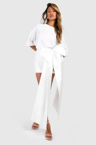 Womens Premium Structured Bow Draped Satin Mini Skirt - White - 8, White