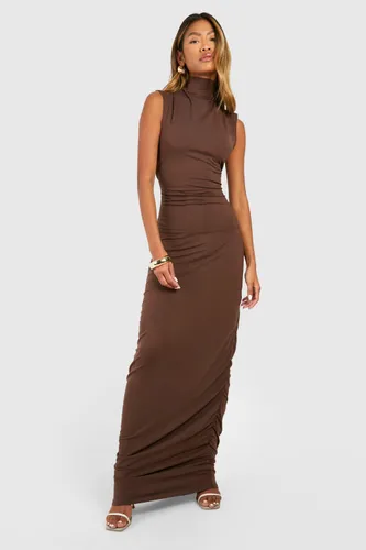 Womens Premium Super Soft Funnel Neck Ruched Maxi Dress - Brown - 8, Brown