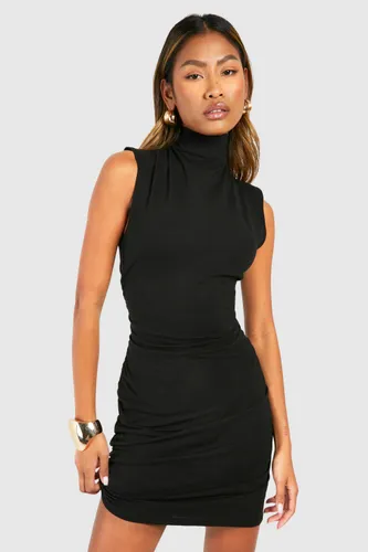 Womens Premium Super Soft Funnel Neck Ruched Mini Dress - Black - 8, Black