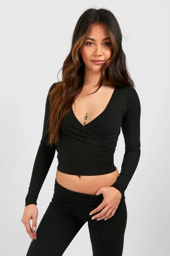 Womens Premium Super Soft Wrap Long Sleeve Crop Top - Black - 6, Black