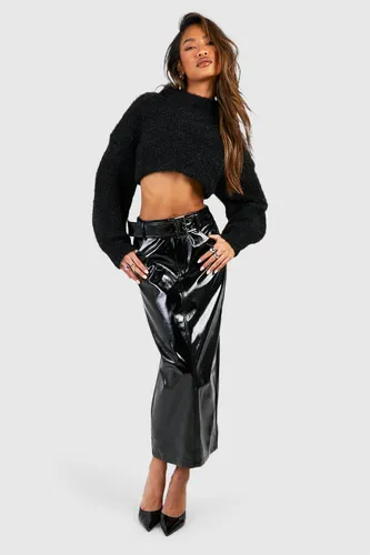 Womens Premium Vinyl Belted Midaxi Skirt - Black - 6, Black