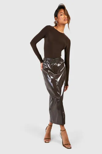 Womens Premium Vinyl Belted Midaxi Skirt - Brown - 10, Brown