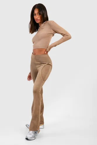 Womens Premium Washed Rib Seam Detail Flared Legging - Brown - 10, Brown