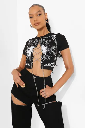Womens Printed Chain Lace Up Crop Top - Black - 14, Black
