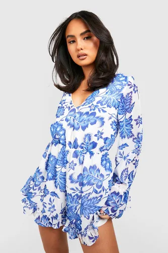 Womens Printed Floral Playsuit - Blue - 8, Blue