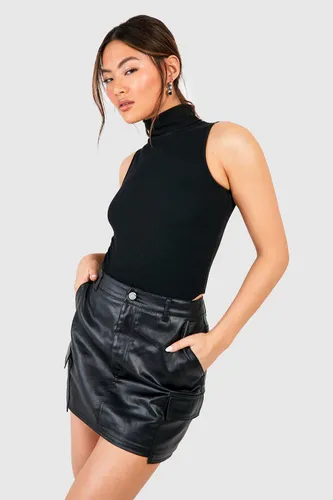 Womens Pu Coated Cargo Pocket Denim Mini Skirt - Black - 12, Black