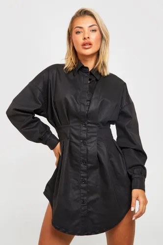 Womens Pu Coated Cinched Waist Denim Shirt Dress - Black - 6, Black
