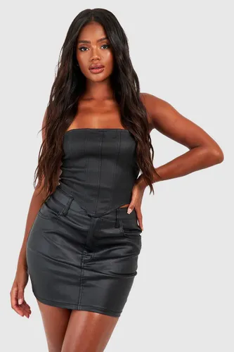 Womens Pu Coated Denim Mini Skirt - Black - 8, Black