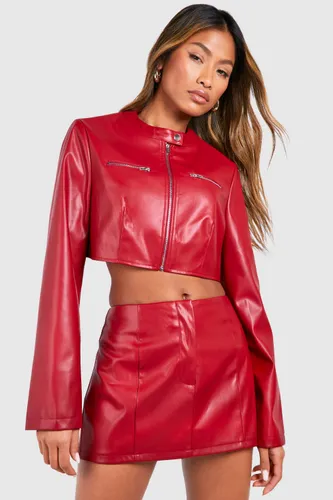 Womens Pu Cropped Biker Jacket - Red - 6, Red