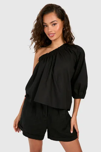 Womens Puff Sleeve One Shoulder Cotton Poplin Top - Black - 6, Black