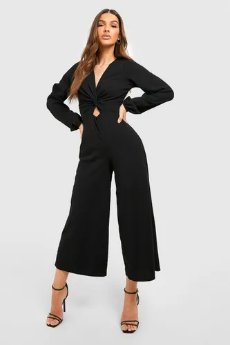 Womens Puff Sleeve Twist Detail Culotte Jumpsuit - Black - 14, Black
