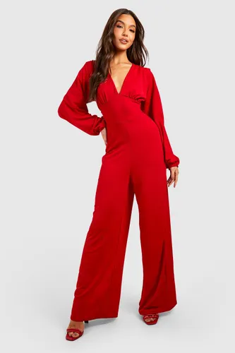 Womens Puff Sleeve Wide Leg Jumpsuit - Red - 12, Red