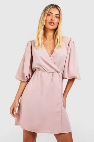 Womens Puff Sleeve Wrap Skater Dress - Pink - 8, Pink