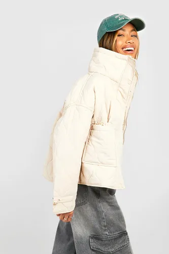 Womens Quilted Toggle Detail Funnel Neck Puffer Jacket - Beige - 8, Beige