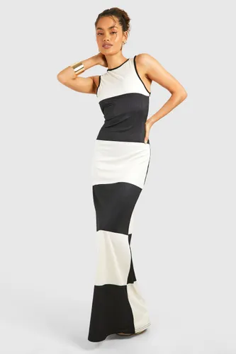 Womens Racer Neck Colour Block Stripe Rib Maxi Dress - White - 8, White