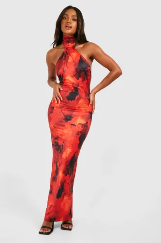 Womens Racer Neck Printed Slinky Maxi Dress - Red - 8, Red