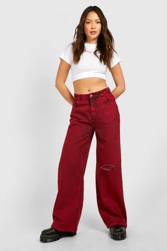 Womens Red Washed Wide Leg Jean - 6, Red